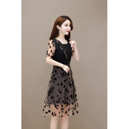Classic Black and Beige Floral A-line Mini Dress image