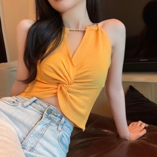 Trendy Yellow Twist-Front Crop Halter image