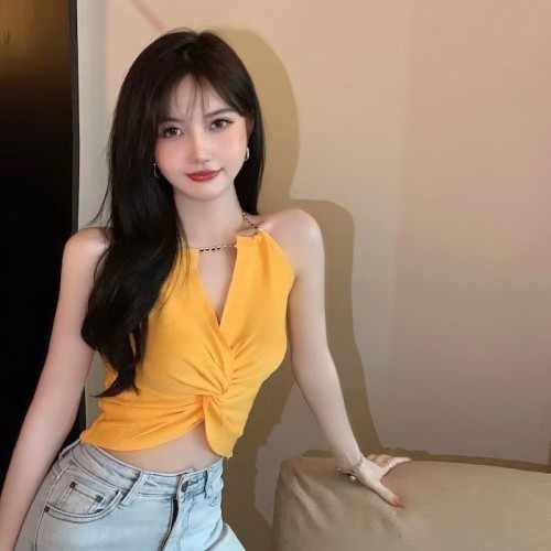 Trendy Yellow Twist-Front Crop Halter image
