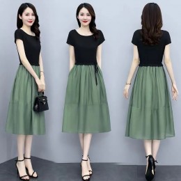 Women Short Sleeve Elegant A-Line High Waist Dress - Green