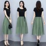Women Short Sleeve Elegant A-Line High Waist Dress - Green