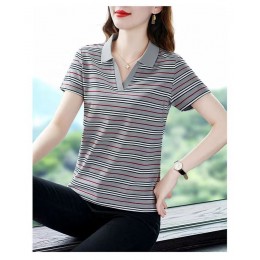 Women Classic Striped Polo T-Shirt with Contrast Collar - Grey