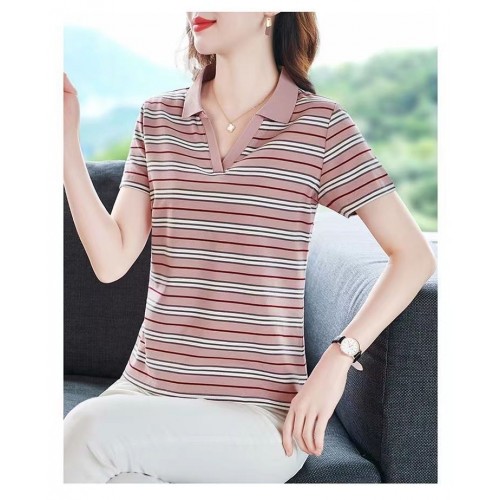 Women Classic Striped Polo T-Shirt with Contrast Collar - Pink image