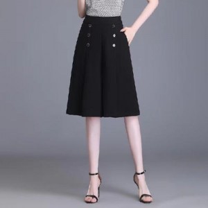 Knee Length Wide Leg High Waist Skirt - Black