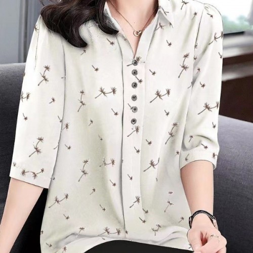 Elegant Button Spliced Lapel Collar Floral Printed Women Tops image
