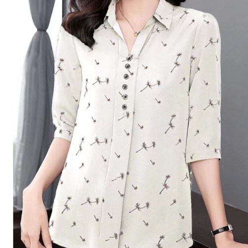 Elegant Button Spliced Lapel Collar Floral Printed Women Tops image