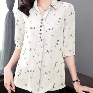 Elegant Button Spliced Lapel Collar Floral Printed Women Tops