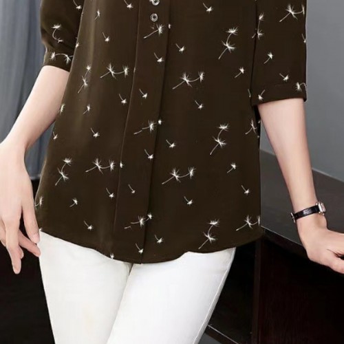 Elegant Button Spliced Lapel Collar Floral Printed Women Tops - Brown image