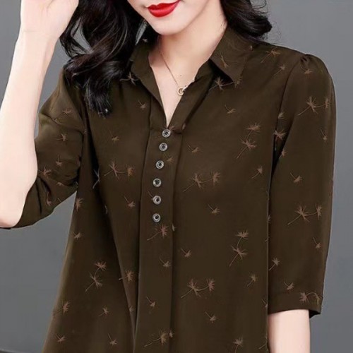 Elegant Button Spliced Lapel Collar Floral Printed Women Tops - Brown image