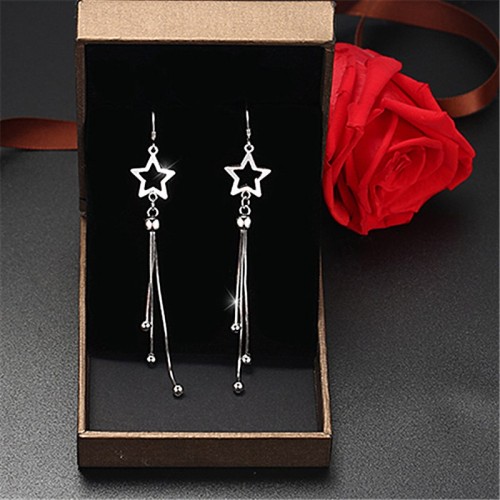 Women Sterling Silver Star Tassels Long Pendant Earrings image