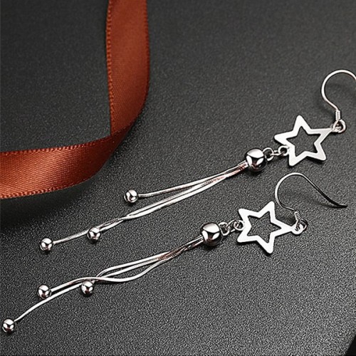 Women Sterling Silver Star Tassels Long Pendant Earrings image