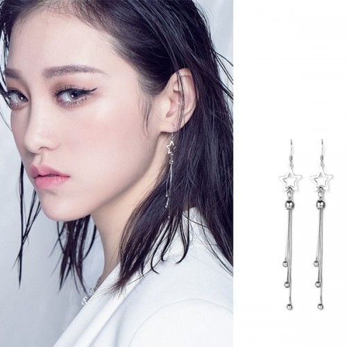 Women Sterling Silver Star Tassels Long Pendant Earrings image