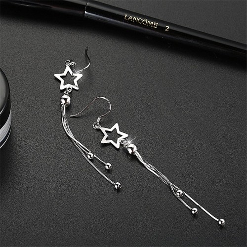 Women Sterling Silver Star Tassels Long Pendant Earrings image