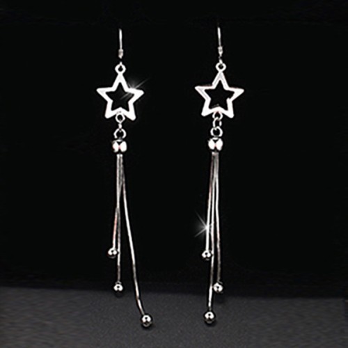 Women Sterling Silver Star Tassels Long Pendant Earrings image