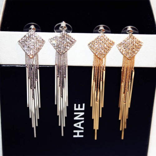 Diamonds Clover Long Chain Gold Tassel Earrings E-64G |image