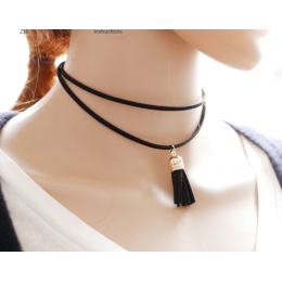 Vintage Black Leather Choker Necklace Tassel Pendant