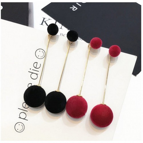 Plush Ball With Gold Chain Red Stud Earrings image