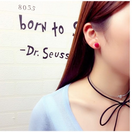 Plush Ball With Gold Chain Red Stud Earrings image