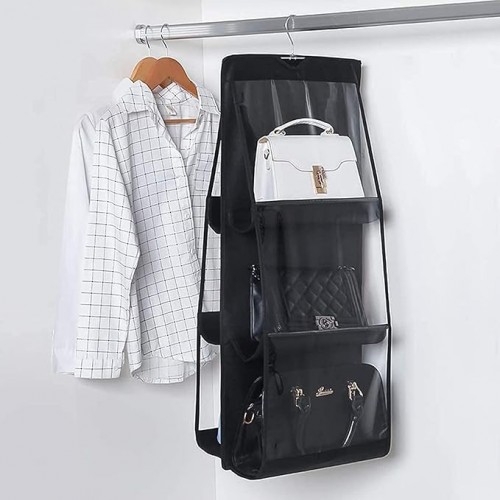 Alt: Double-Sided Six-Layer Hanging Storage Bag in use, optimizing closet space