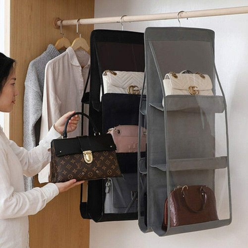 Alt: Double-Sided Six-Layer Hanging Storage Bag in use, optimizing closet space
