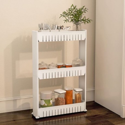 3 Tier Slim Slide Out Trolley Kitchen,Mobile Storage Rack With Wheels, Bathroom Storage Rack image