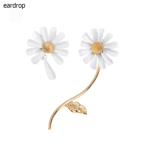 Wedding Party Accessories Set - Cute Asymmetrical Drop Earrings, Sunflower Rings, Daisy Bracelet in White