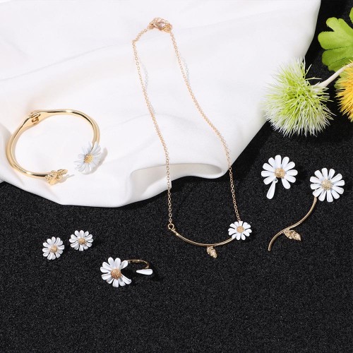 Wedding Party Accessories Set - Cute Asymmetrical Drop Earrings, Sunflower Rings, Daisy Bracelet in White
