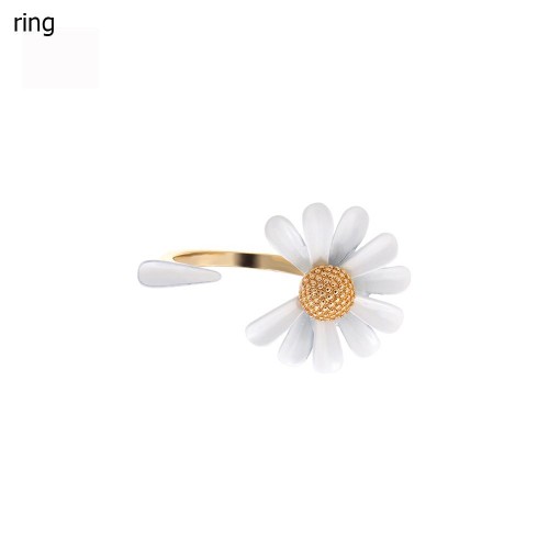Wedding Party Accessories Set - Cute Asymmetrical Drop Earrings, Sunflower Rings, Daisy Bracelet in White