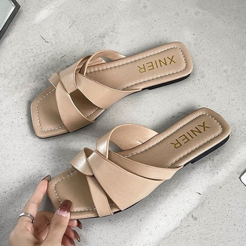 Elegant Style Cross Strap Flip Flop Slippers For Women - Brown image
