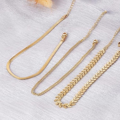 3 Pcs Set Gold Color Snake Chain Anklets For Women |image