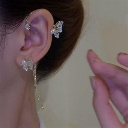 Butterfly Ear Cuff Earrings with Rhinestones & Chains-Silver image