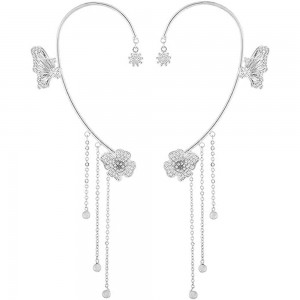 Butterfly Ear Cuff Earrings with Rhinestones & Chains-Silver