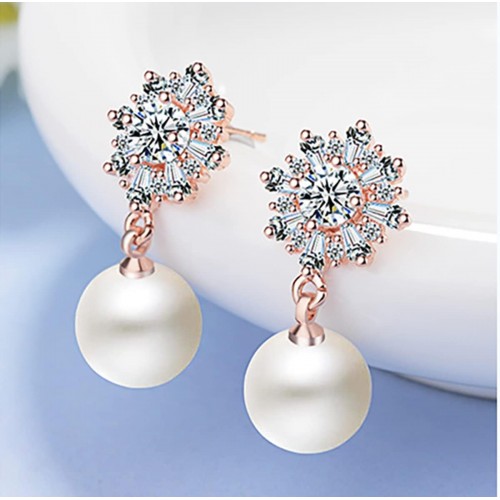 Rose Gold Snowflake Earrings With Zirconia And Simulated Pearls image