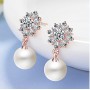 Rose Gold Snowflake Earrings With Zirconia And Simulated Pearls