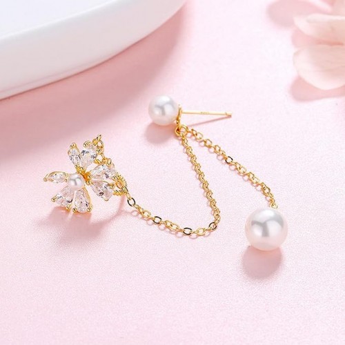 Flower Pearl Tassel Ear Bone Clip Piece Earrings image