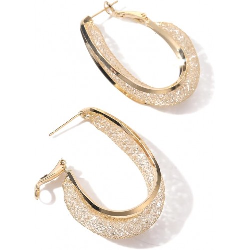 Gold Mesh Hoop Earrings with Rhinestones image