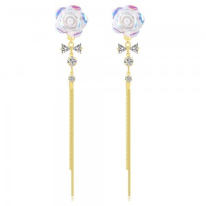 White Rose Earrings With Delicate Gold Chain