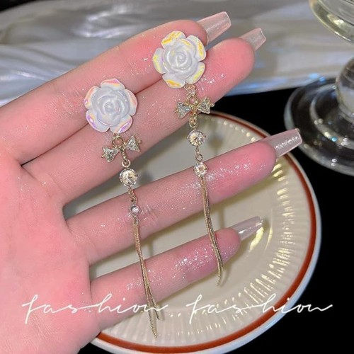 White Rose Earrings With Delicate Gold Chain image
