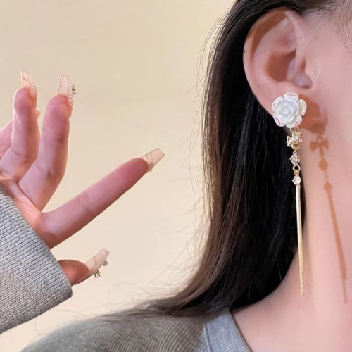 White Rose Earrings With Delicate Gold Chain image