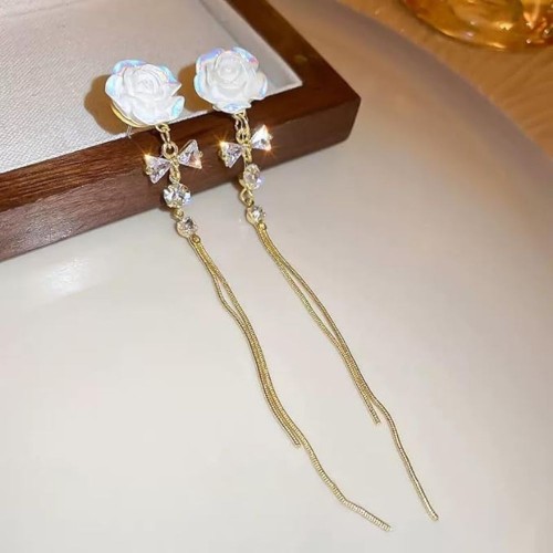 White Rose Earrings With Delicate Gold Chain image