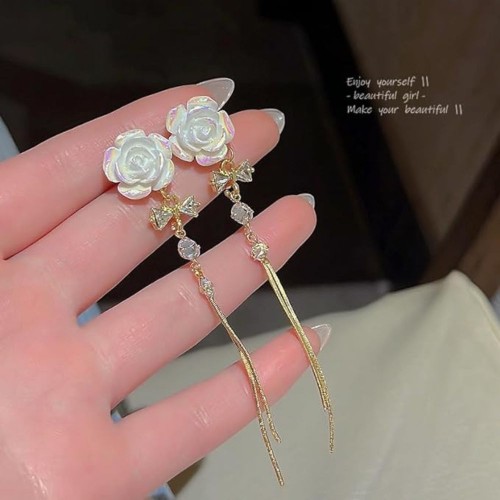 White Rose Earrings With Delicate Gold Chain image
