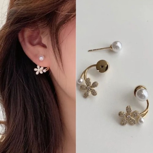 Elegant Gold Flower Earrings With Delicate Pearls image