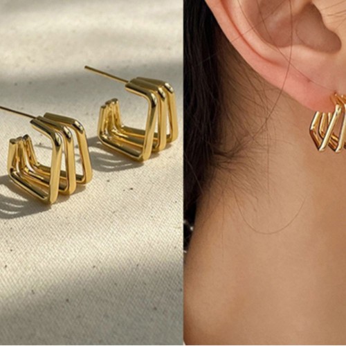 Trendy Geometric Gold-Tone Stainless Steel Hoop Earrings image