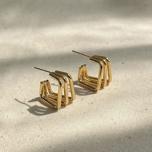 Trendy Geometric Gold-Tone Stainless Steel Hoop Earrings image
