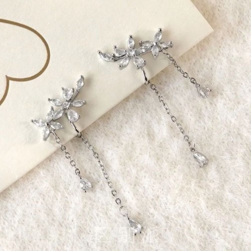 Sterling Silver Cz Flower Dangle Earrings Chain Crystal Drop image