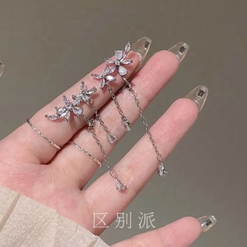 Sterling Silver Cz Flower Dangle Earrings Chain Crystal Drop image
