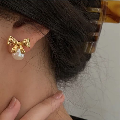 Pearl Bow Knot Stud Gold Bow Earrings image