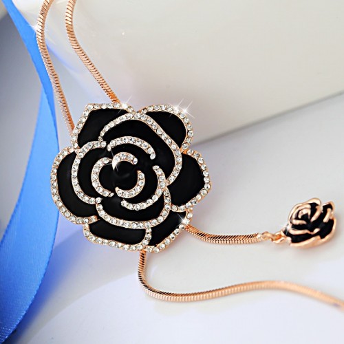 Black Rose Necklace With Rhinestones For Women-Gold image