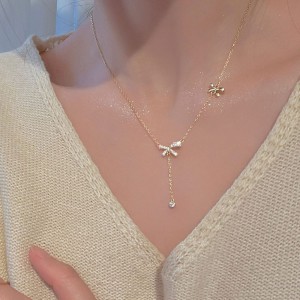 Gold Color Zircon Bow Pendant Necklace For Women