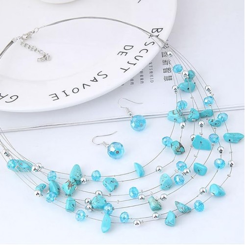 Bohemian Multi Layer Necklace Set With Crystals-Light Blue image